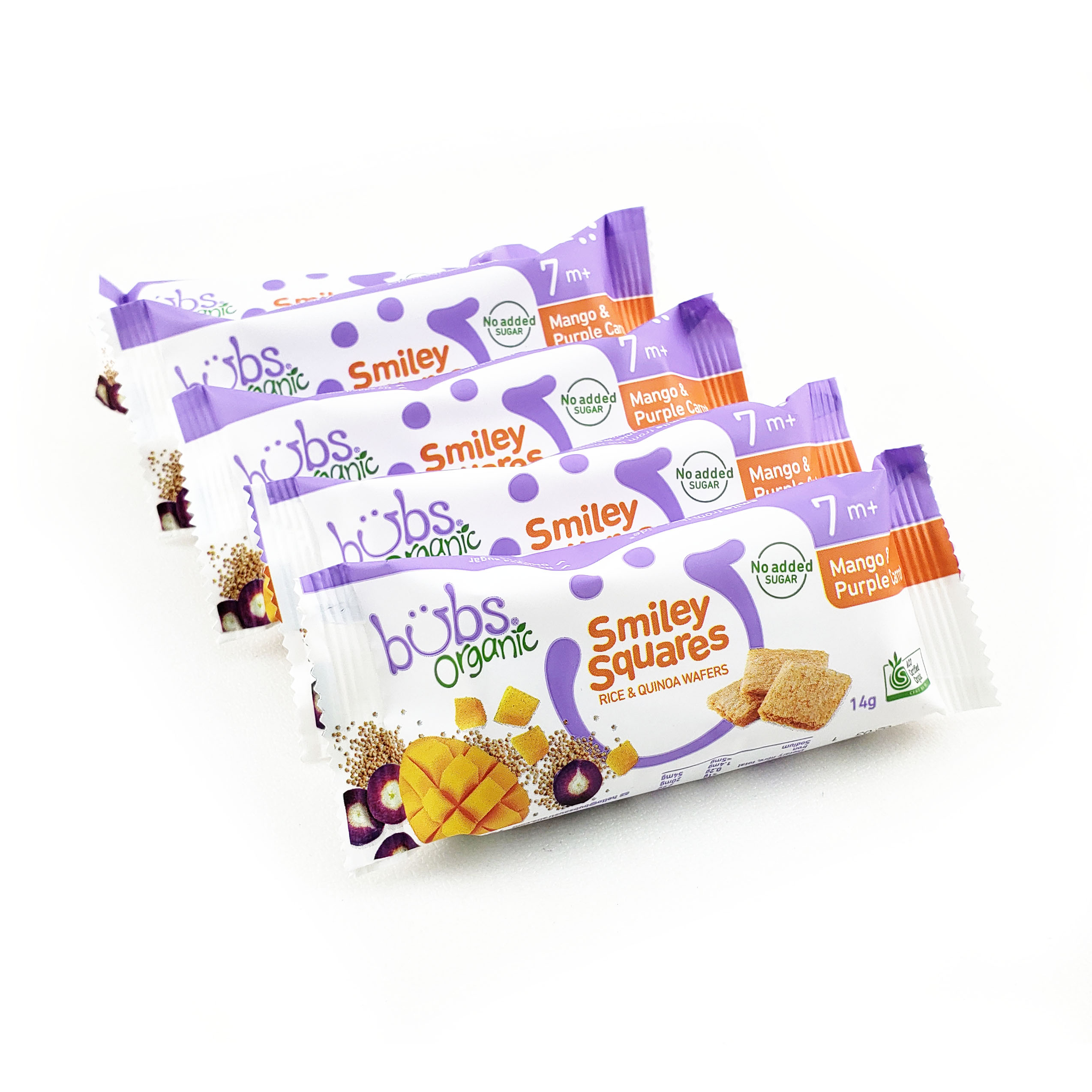 Bubs Organic Smiley Squares Rice & Quinoa Wafers - Mango & Purple Carrot 7+Months 5pieces - AUS*